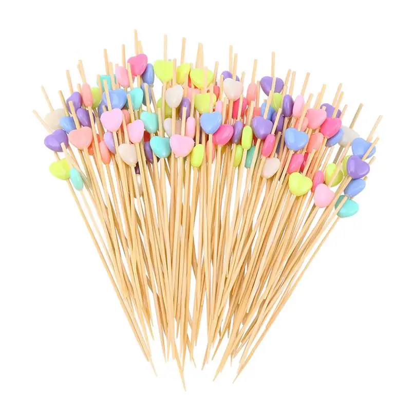

100Pcs 12cm Cocktail Picks Creative Handmade Heart Shape Bead Appetizer Picks Fruit Toothpicks Party Supplies