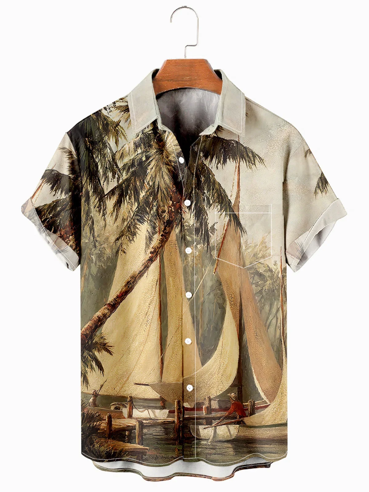 

Mens Hawaiian Leaves Print Lapel Loose Chest Pockets Short Sleeve Funky Aloha Shirts