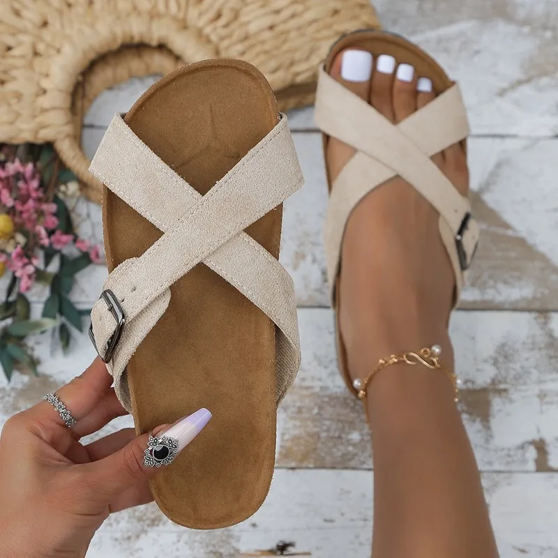 

Women's Flats Slippers Thick-Soled Cross Shoes 2023 Summer Beach Sandals Fashion Suede Round-headed Casual Red Flip-flops New