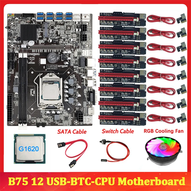 

B75 BTC Mining Motherboard+G1620 CPU+SATA Cable+Switch Cable LGA1155 8*PCIE To USB Support 2*DDR3 B75 USB BTC Motherboard