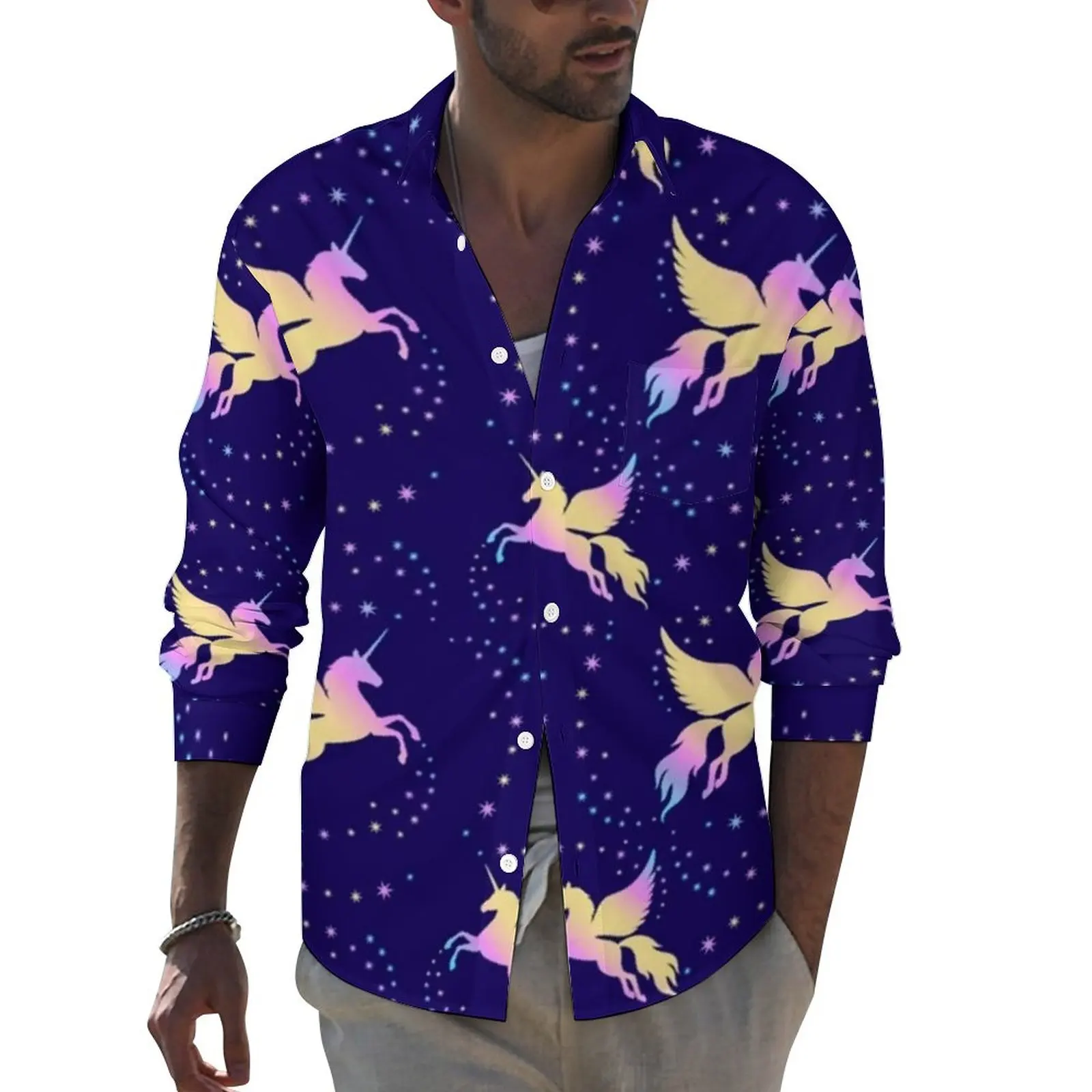 

Flying Unicorn Shirt Spring Starry Sky Print Casual Shirts Men Trendy Blouses Long Sleeve Graphic Streetwear Clothing Plus Size