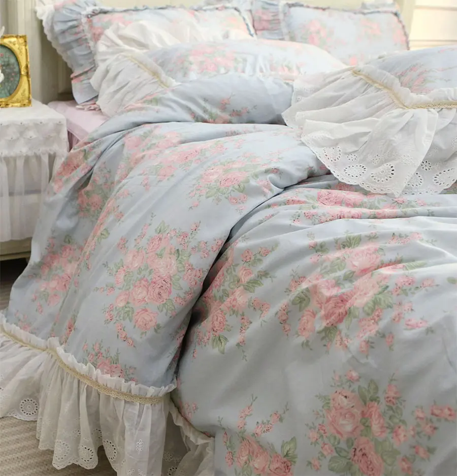 Романтическая кружевная синяя розовая кровать fairyfair с цветочным рисунком