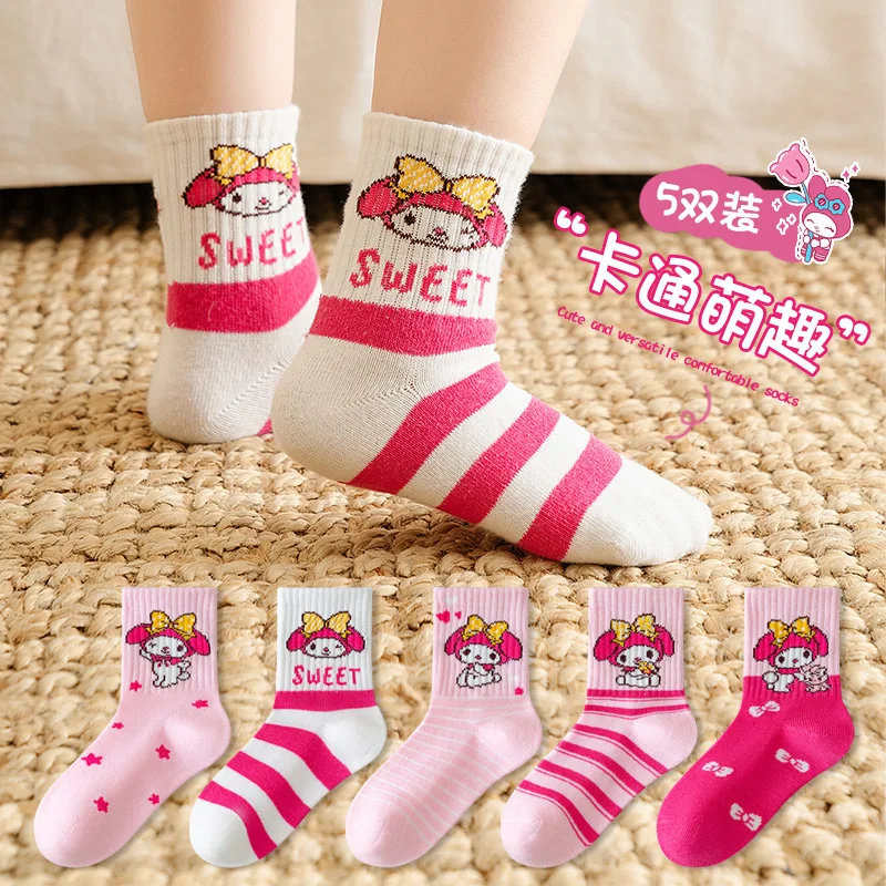 5 Pairs Cute Sanrioed Kuromi My Melody Hellokitty Cinnamoroll children's Socks Autumn Cartoon Tube Sports Cotton