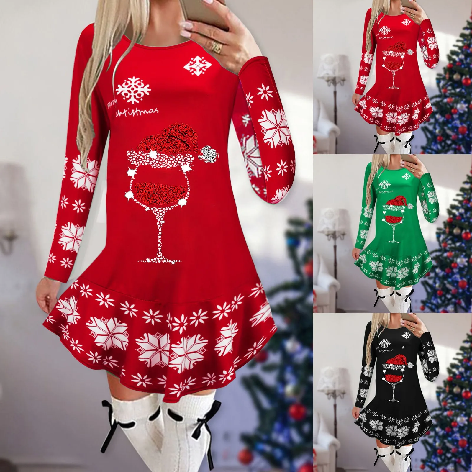 

Women's Christmas Dresses Printed Round Neck Long Sleeved Dress Autumn And Winter Casual Sexy Dresses