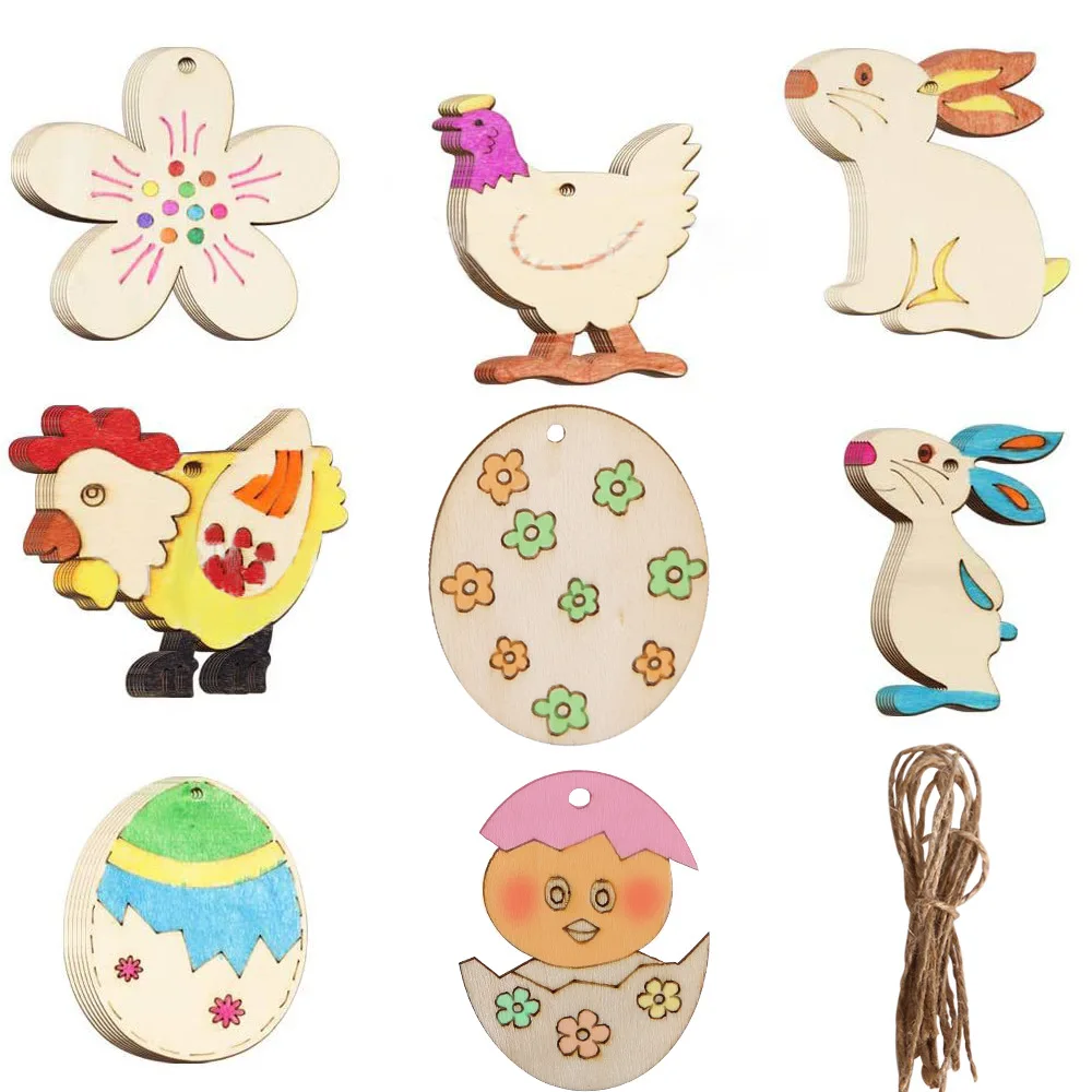 

10Pc Easter Bunny Wooden Pendant Cute Rabbit Eggs Wood Craft Gift Hanging Ornament Happy Easter Decoration 2023 Easter Kids Gift