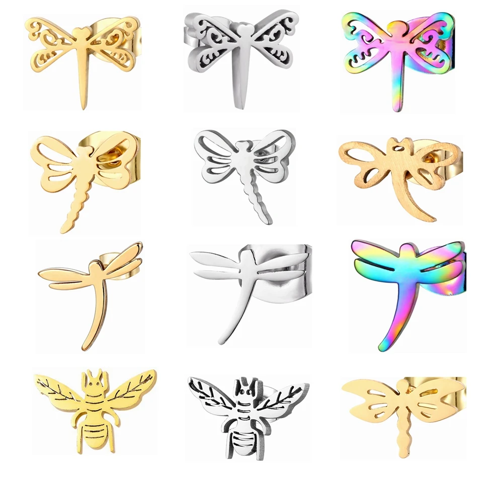 

Cute Insect Bee Dragonfly Earrings Wholesale 12 Pairs Lot Stainless Steel Jewelry Women Girls Small Ear Studs Child Accessories