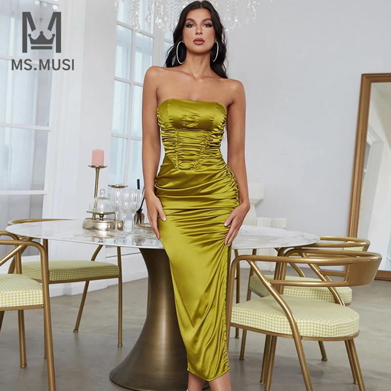 

MSMUSI 2022 New Fashion Women Sexy Strapless Fold Draped Sleeveless Slit Backless Bodycon Satin Midi Dress Celebrate Vestidos