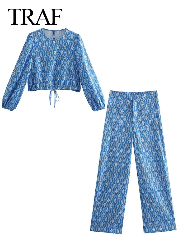 

Комплект одежды TRAF женский с принтом, модный Повседневный пуловер с круглым вырезом, свободная рубашка с пышными рукавами и прямые штаны на ...