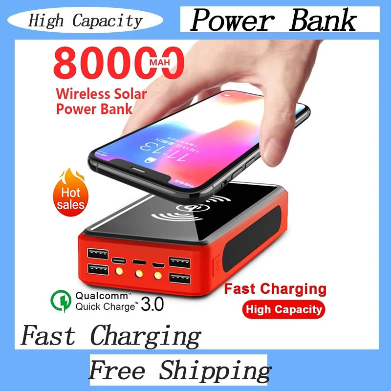 

80000mAh Wireless QI Solar Quick Charger Power Bank Outdoor Portable Power Bank External Battery for Xiaomi Mi Samsung IPhone