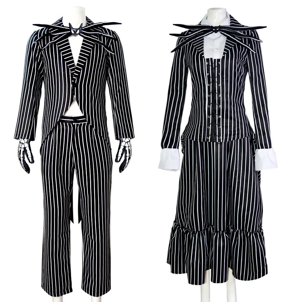 

Halloween Nightmare Jack Skeleton Pumpkin King Cosplay Costume Adult Men Women Black White Stripes Suit Uniform Horror Carnival