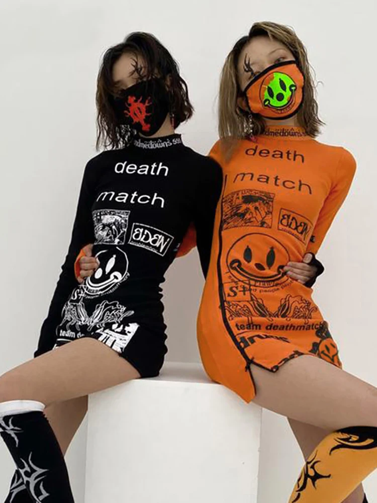 Goth Dark Grunge Aesthetic Graphic Printed Gothic Dresses Punk Black Long Sleeve Autumn Pencil Midi Dress Bodycon Streetwear Emo
