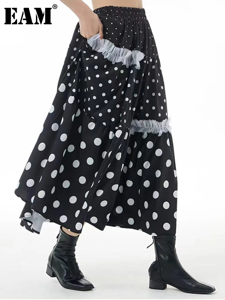 

[EAM] High Elastic Waist Color-block Dot Mesh Casual A-line Half-body Skirt Women Fashion Tide New Spring Autumn 2023 1DE7830