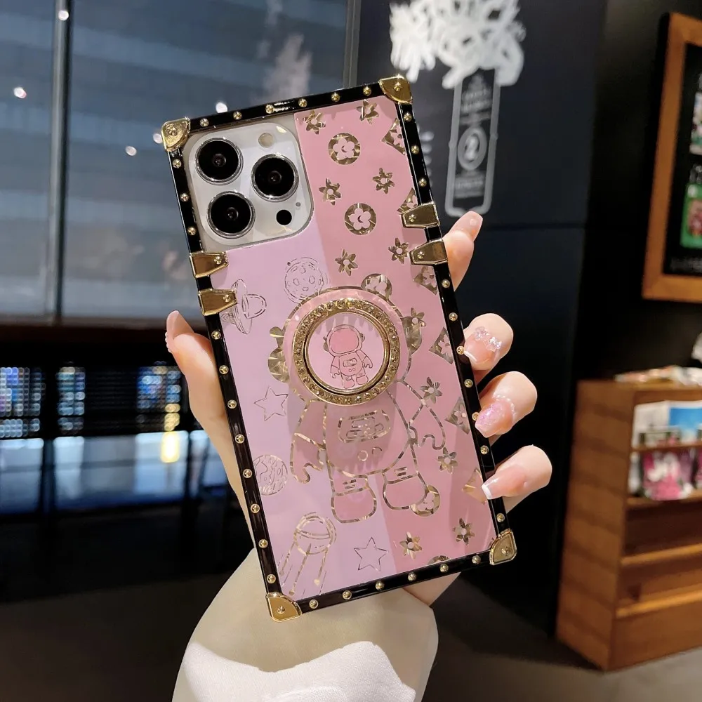 

Bling Astronaut 3D Diamond Ring Holder Square Phone Case For iPhone 14 13 12 11 Pro MAX Mini + Plus 7 8 X XS XR Back Cover