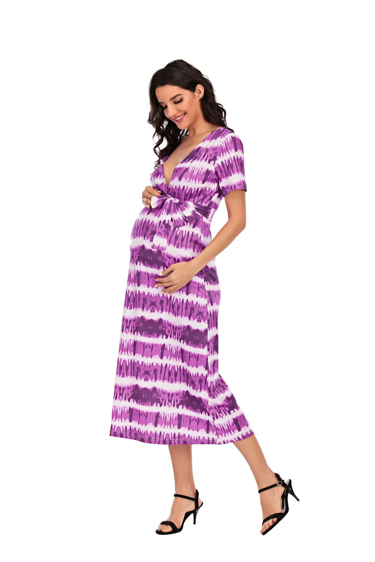 Maternity Dress Printed Women's New Sexy V Neck Short Sleeve Slit Pregnancy Dress Clothes for Pregnant Women enlarge