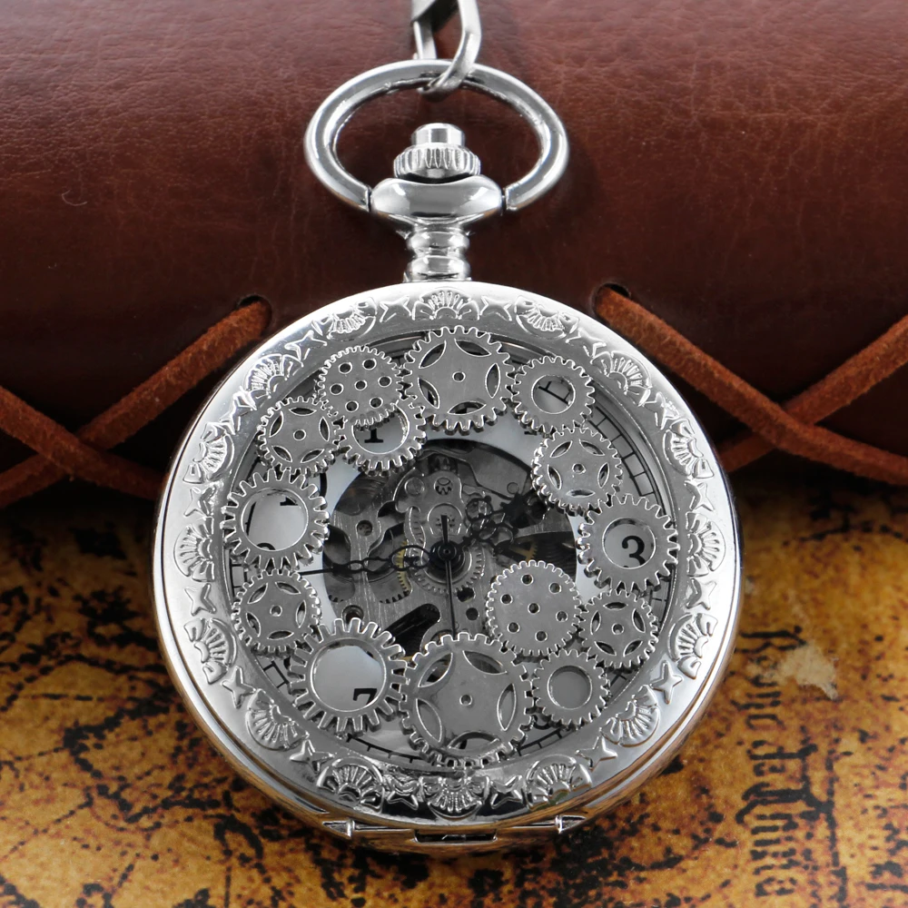 New All Silver Gear Sculpture Stainless Steel Pocket Watch Mechanical Men's Steampunk Retro Style Carving Fob Pendant Clock Lady