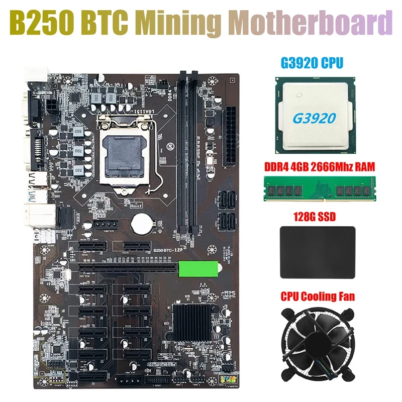 

Материнская плата для майнинга B250 BTC с ЦП G3920 или G3930 + вентилятор + DDR4 4 Гб 2666 МГц ОЗУ + 128 Гб SSD 12x слот для графической карты LGA 1151 для BTC