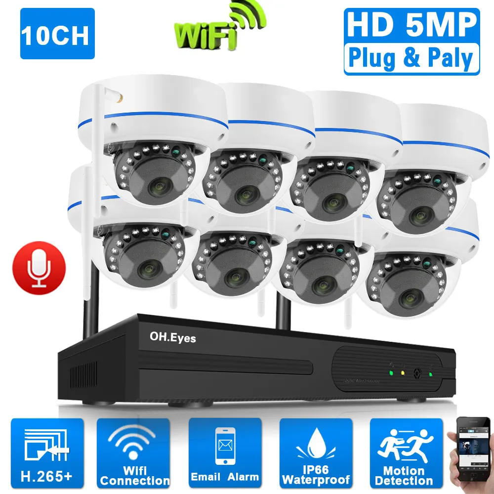 Outdoor Waterproof Security Dome Camera Wifi Wireless Set 5mp Ip Surveillance Camera System Kit 10ch