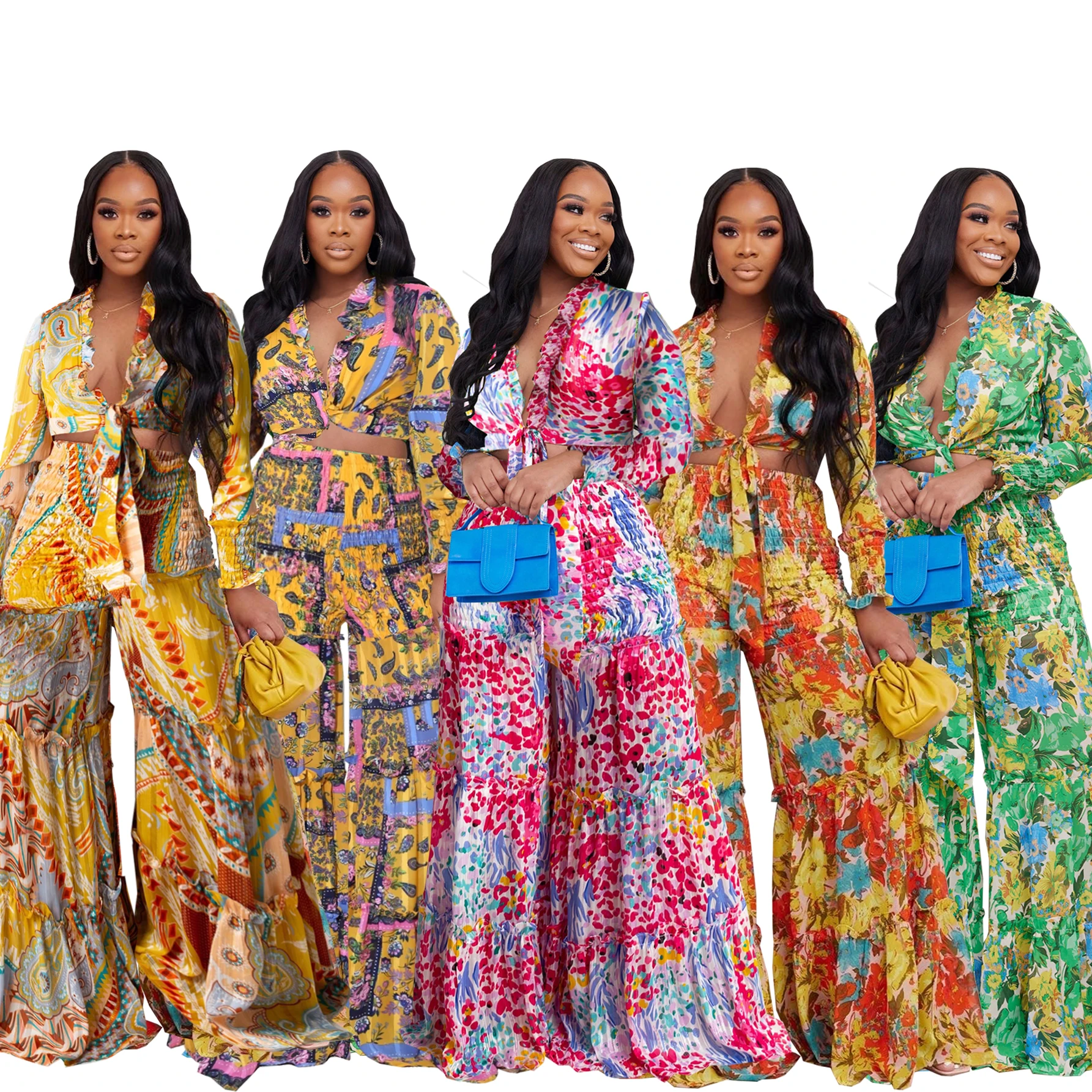 

Summer Fashion Women Two-piece Set Holidays Clothing Long Sleeves V Neck Shirt Bell Bottom Pants Bohemian Outfits