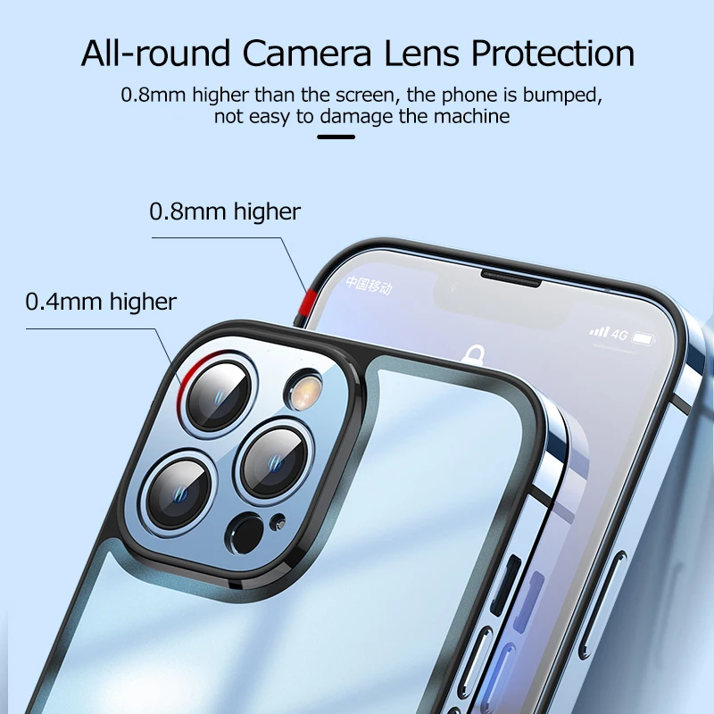 Metal Phone Cases For iPhon 12 13 14 Plus Pro Max Stainless Steel Frame Transparent Matte Glass Back Cover Metal Lens Protection