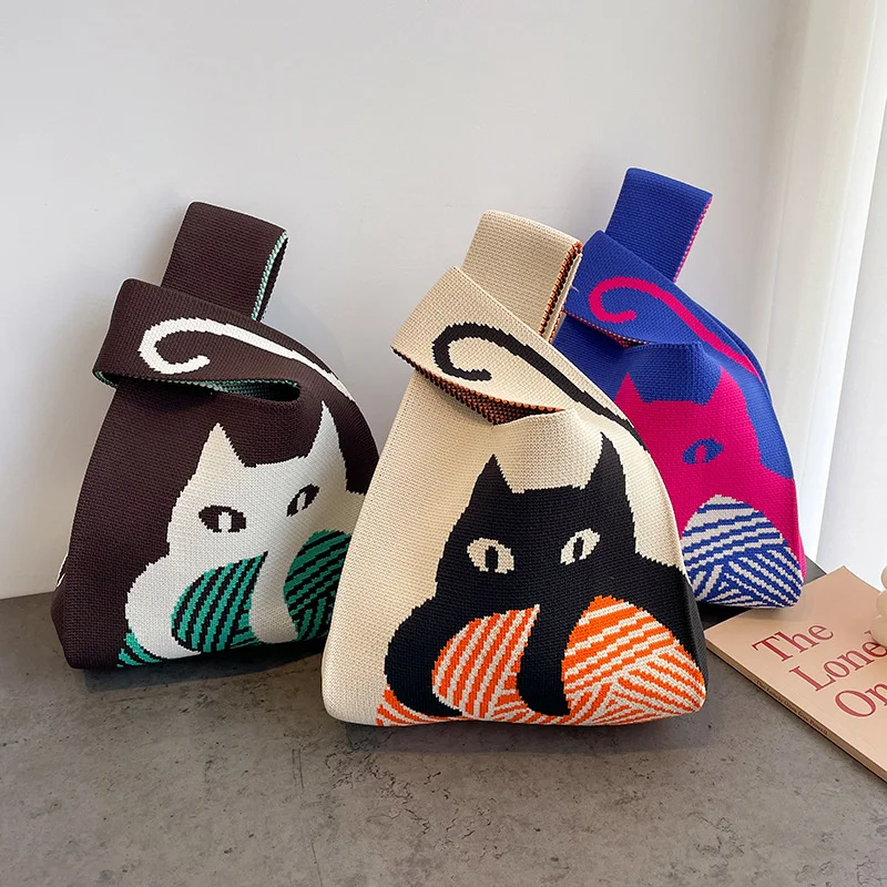 

Японская портативная мини-сумка на запястье с узлом, женская сумка с верхней ручкой, простой кошелек, сумки с кошкой, чехол для ключей от телефона