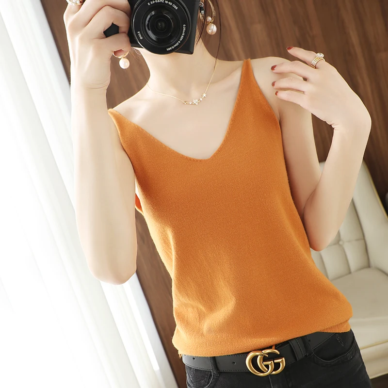 

Spring And Summer New V-Neck Solid Color Camisole All-Match Loose Bottoming Knitted Shirt Women's Top Outer Wear
