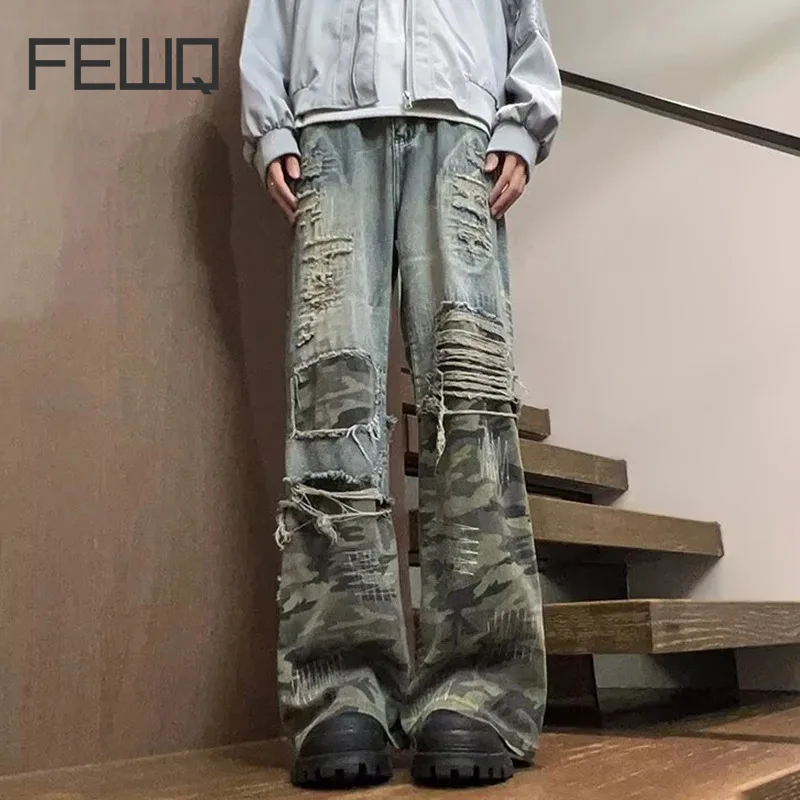 FEWQ High Street Американские камуфляжные микро-расклешенные джинсы с модным дизайном