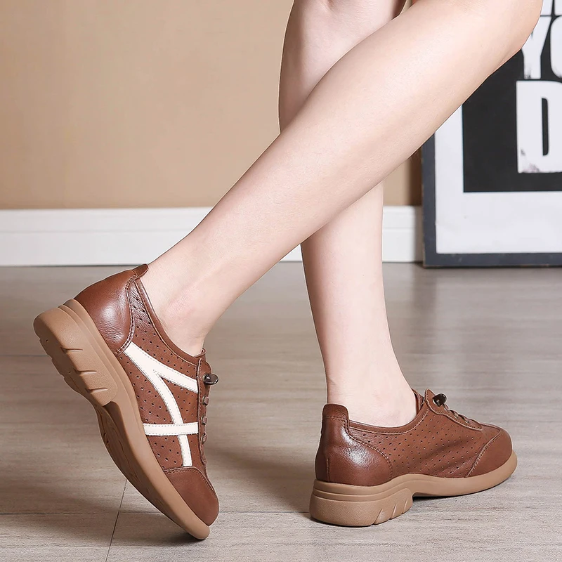 Spring British Small Leather Shoes women's Soft Leather Lace-up Single Sports Wind Hollow Breathable Casual Shoes Flat Large Siz