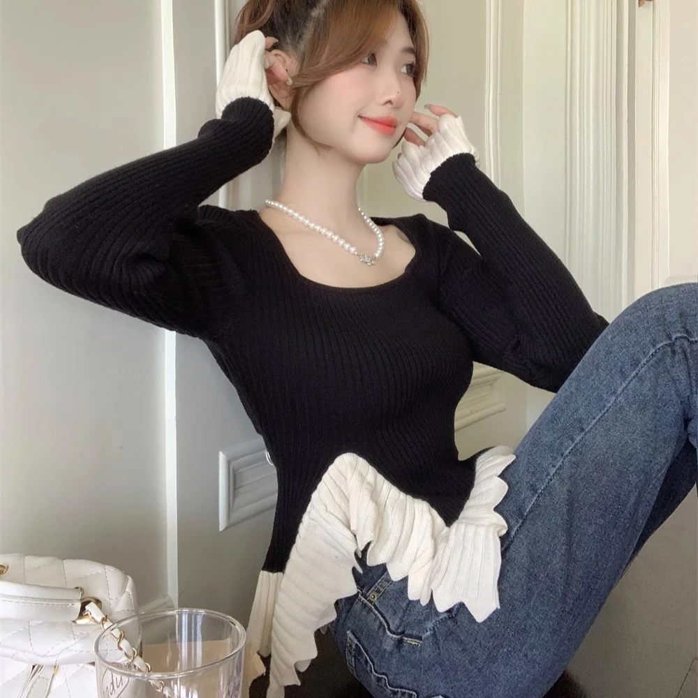 Пуловеры с квадратным воротником женские дизайнерские оборки шикарные