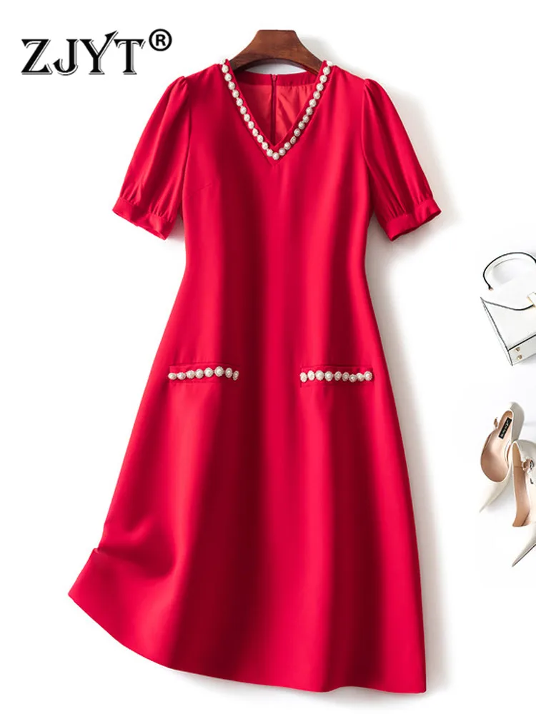 

Платье ZJYT женское с V-образным вырезом, элегантное дизайнерское однотонное вечернее, до колена, с бусинами, Роскошное дизайнерское, однотонн...