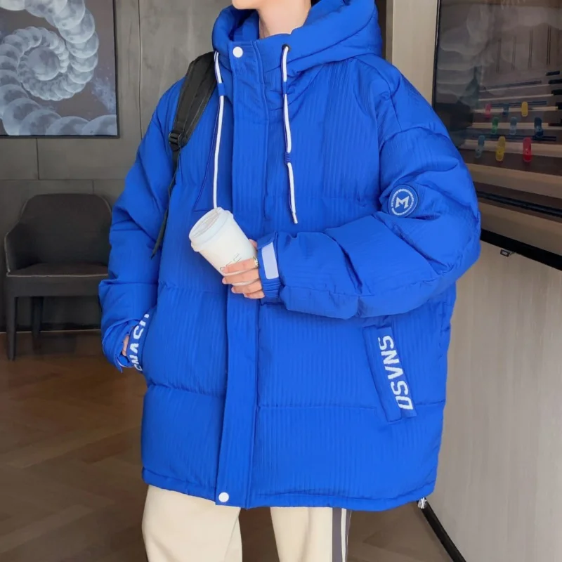 Winter Men'S New Hooded Drawstring Trend Warm Duck Down Lightweight  Short Coat Casual Cotton Padded Jacket White Blue Black