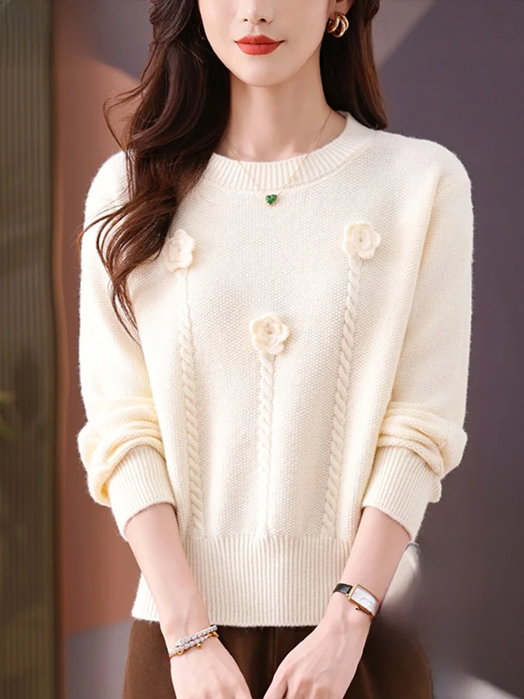 Hengyuanxiang 2024 осенне-зимний новый толстый свитер с круглым вырезом и цветком женский