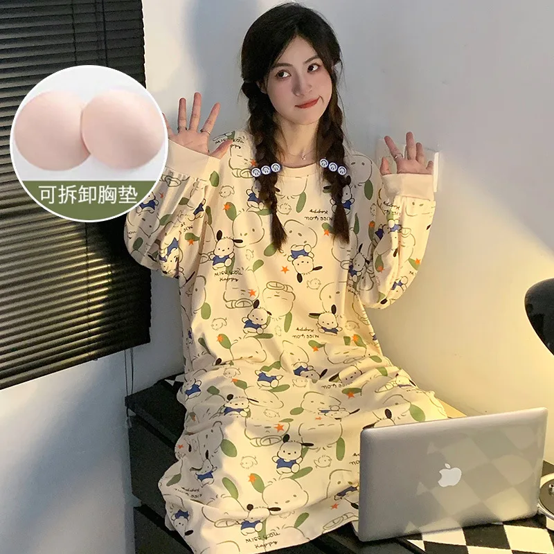 

Anime Kawaii Pachacco Crayon Shin-Chan Women's Long-Sleeved Nightgown Spring Autumn New Style Home Wear with Built-In Chest Pad