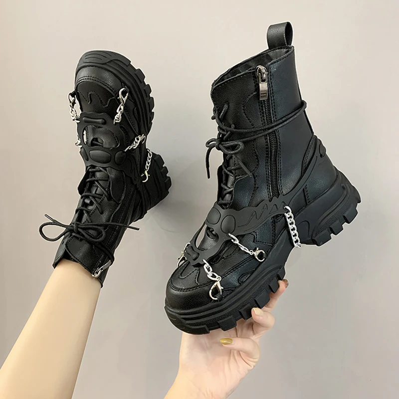 

Women Shoes Platform Boots Punk Gothic for Women Boots Combat Ladies Black Metal Button Woman Motorcycle Ankle Boots Autumn New