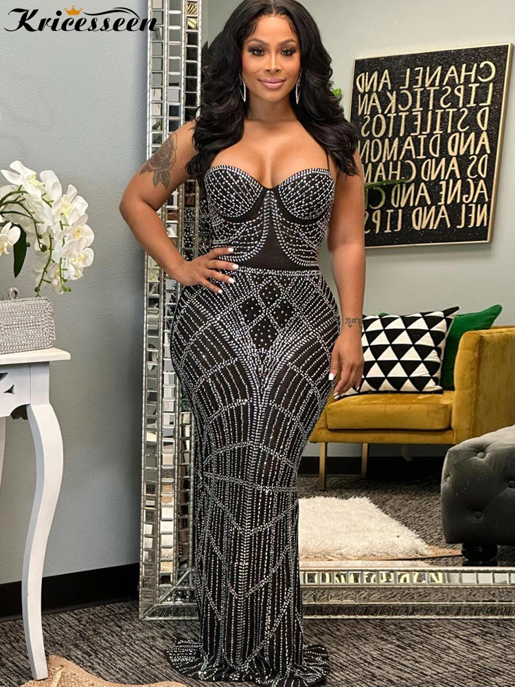 

Kricesseen Sexy Black Rhinestone Crystal Mesh Sheer Maxi Dress Glam Women Strap V Neck Back Split Birthday Dress Night Clubwear