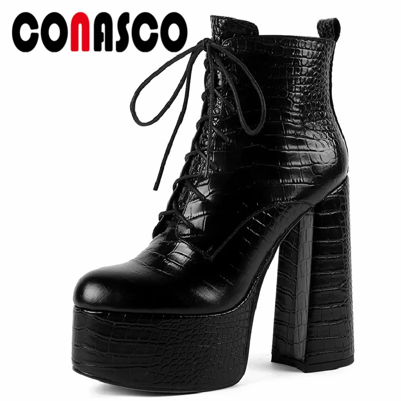 

CONASCO Elegant Mature Women Ankle Boots Cross-Tied Platforms Genuine Leather High Heels Party Office Autumn Winter Shoes Woman