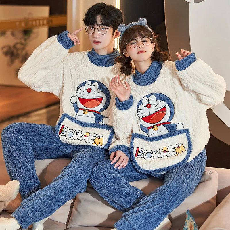 Couples Pajamas Sets Women Men Winter Thicken Sleepwear Pyjama Coral Fleece Korean Cartoon Bear Lovers Pijama Suits Soft Warm