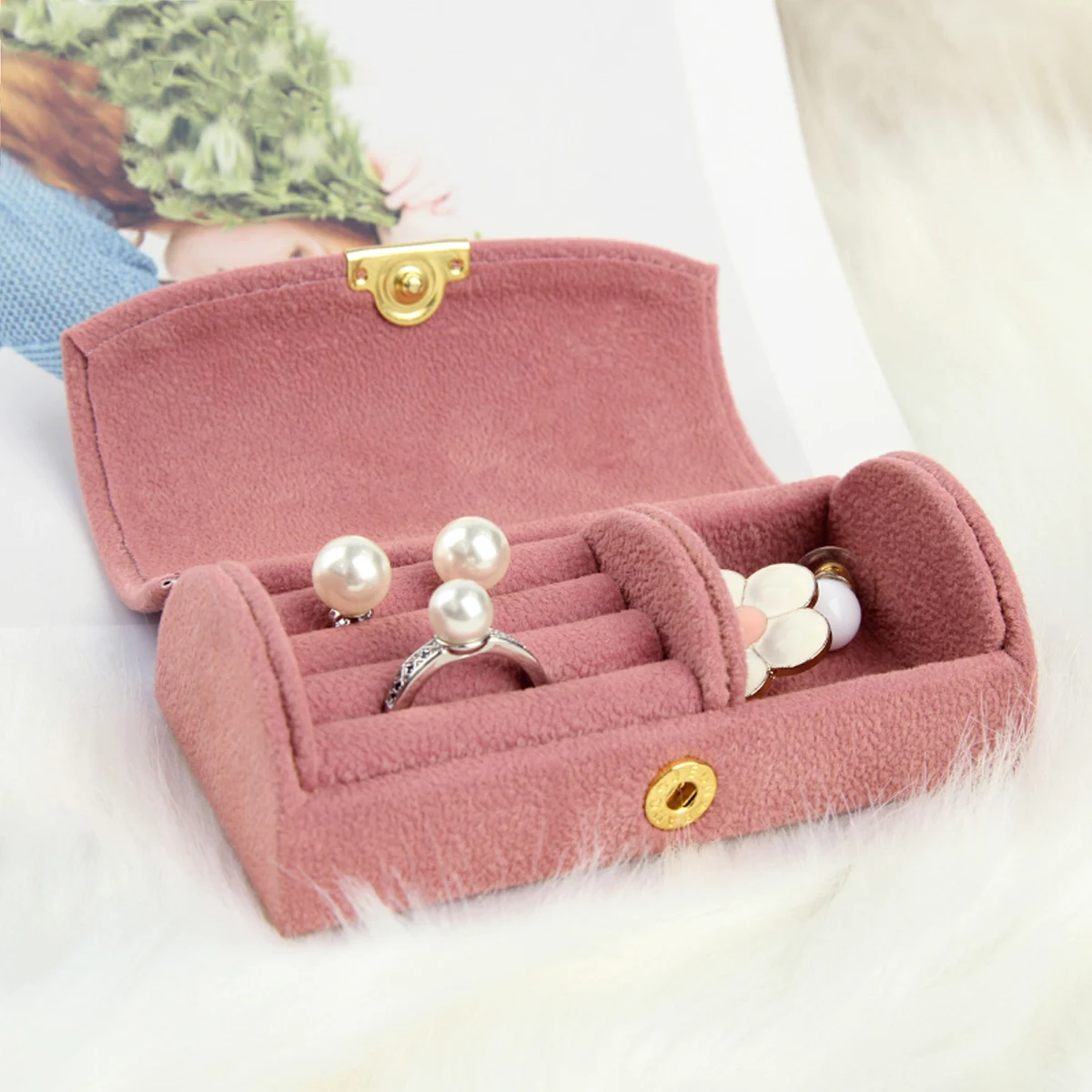 Arch Face Jewelry Box High-end Beaded Velvet Travel Portable Jewelry Storage Bag Bracelet Earring Jewelry Storage Box