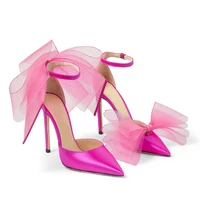 fushia red silk big mesh bow wedding high heel pumps charming one strap butterfly knot thin heels poninted toe banquet shoes