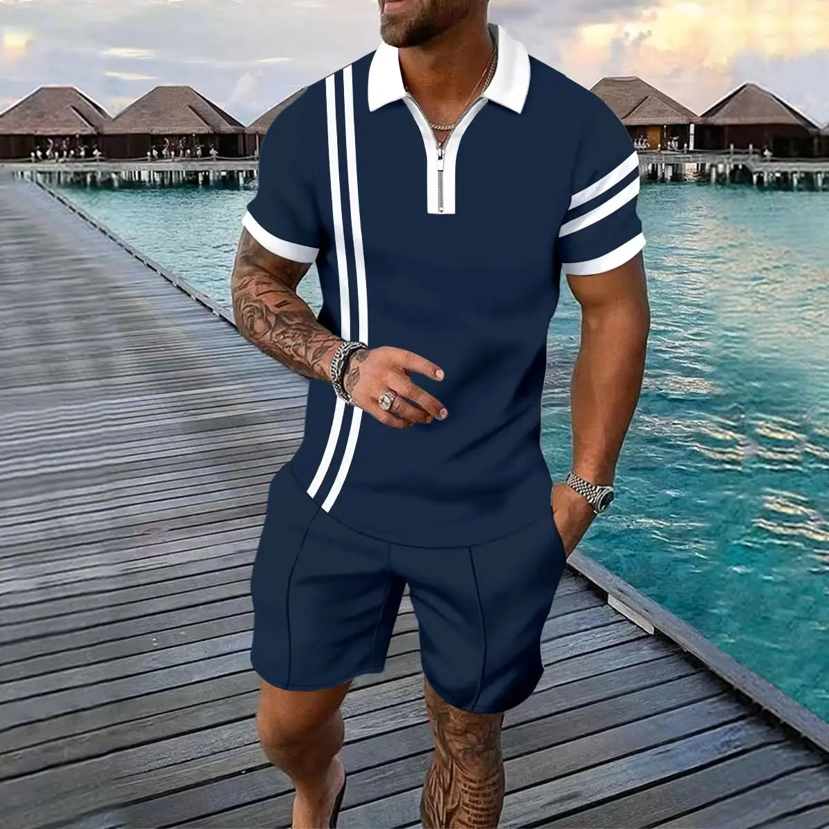 2023 Fashion New Men's Polo Shirt Set Lapel Striped Printed Zipper T-shirt Set Summer Daily Men's Wear