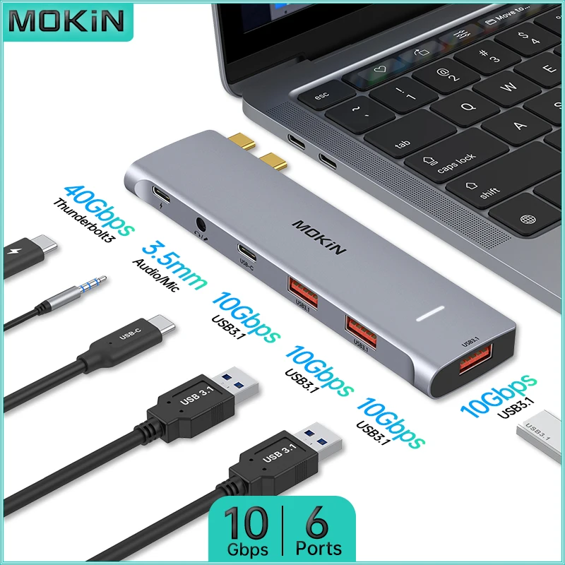

USB-концентратор MOKiN Thunderbolt для ноутбука — 6 в 2 — USB3.1, Type-C 3.1, PD 100 Вт — Совместим с MacBook Air/Pro, iPad — Аудио включено