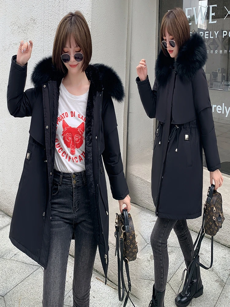 2022 New Winter Jacket Women Parkas Warm Fur Collar Jacket Long Hooded Parka Coat Female Fur Lining Thick Office Lady Streetwear