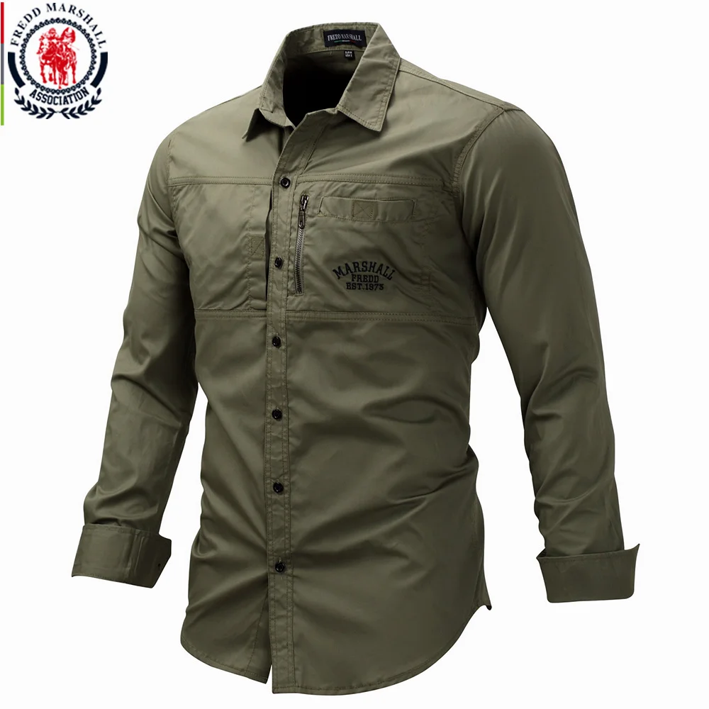 

Fredd Marshall 2021 Fashion Military Shirt Long Sleeve Multi-pocket Casual Shirts Brand Clothes Army Green Camisa Masculina 117