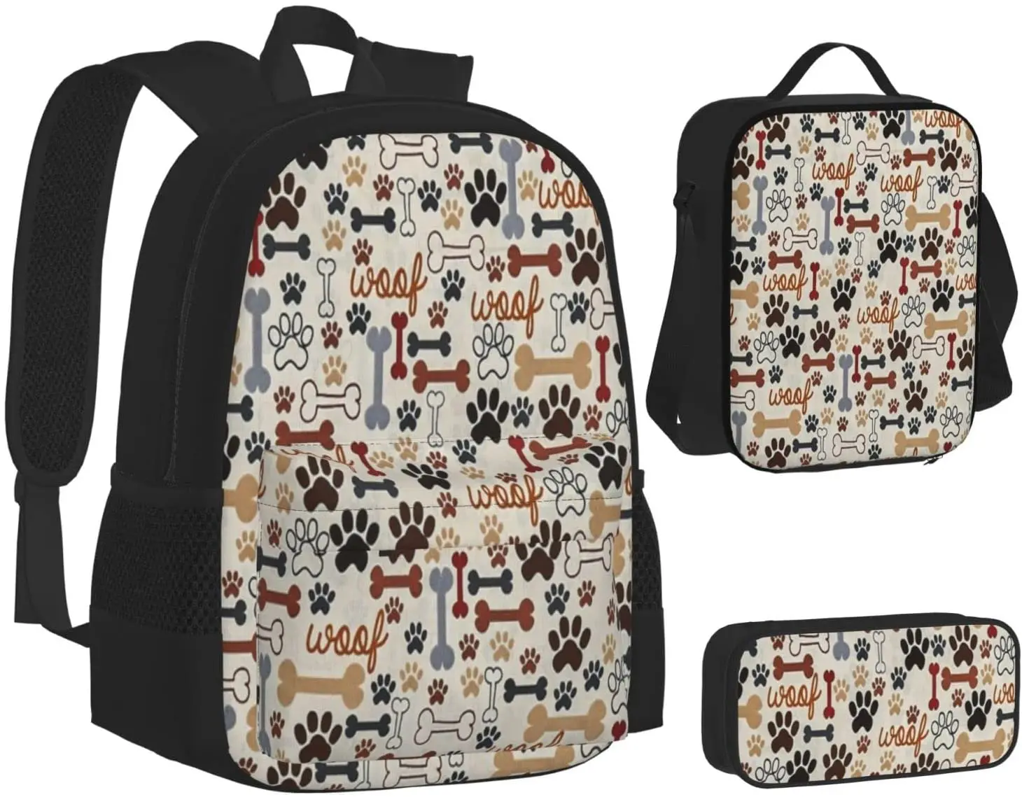 Dog And Dog Paw Prints Schoolbag Travel Bag Casual Daypack Lunch Bag Pencil Case for Boys Teens Girls 3pcs Sets