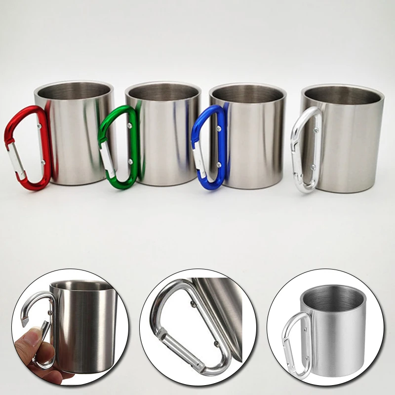 

220Ml Stainless Steel Cup for Camping Traveling Outdoor Cup with Handle Carabiner Climbing Backpacking Hiking Portable Cups Hot