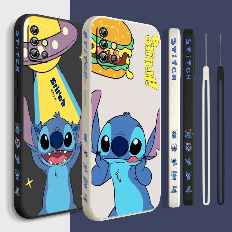 

Stitch cute cartoon Phone Case For Samsung A01 A02 A03 A7 A10 A10S A11 A12 A13 A20 A21S A22 CORE 4G 5G Liquid Left Rope Silicone