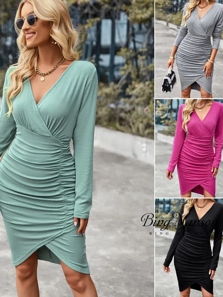 2022 Autumn And Winter V-neck Elegant Knitted Jumper Dress Ladies Long Sleeve Slim Mini Dress Short Party Sexy Hundred Dresses