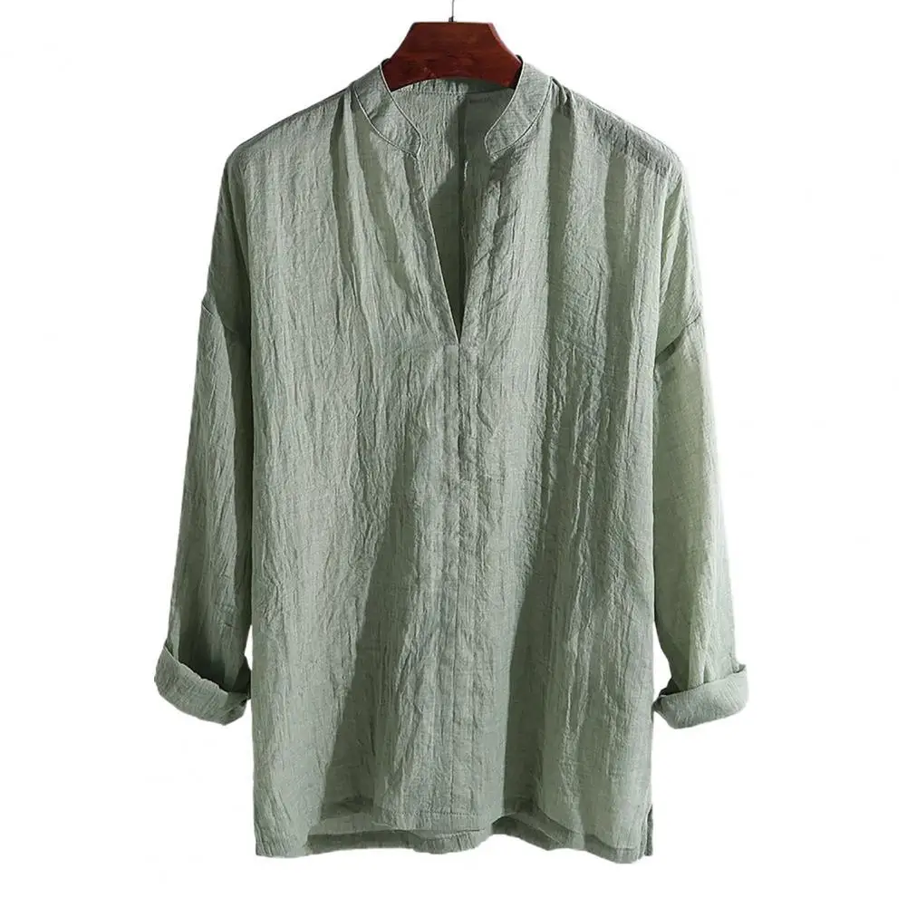 

Блузка YZLDS мужская с V-образным вырезом, длинная однотонная дышащая льняная рубашка с воротником-стойкой в стиле бохо, модная одежда, 2023