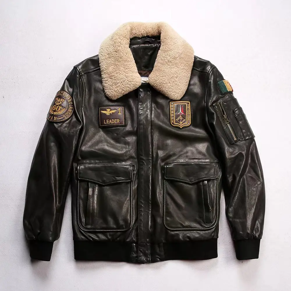 

Italian aerobatic squad 60th anniversary model G1 pilot clothing cotton jacket men full vegetable tanned sheepskin Leather coat