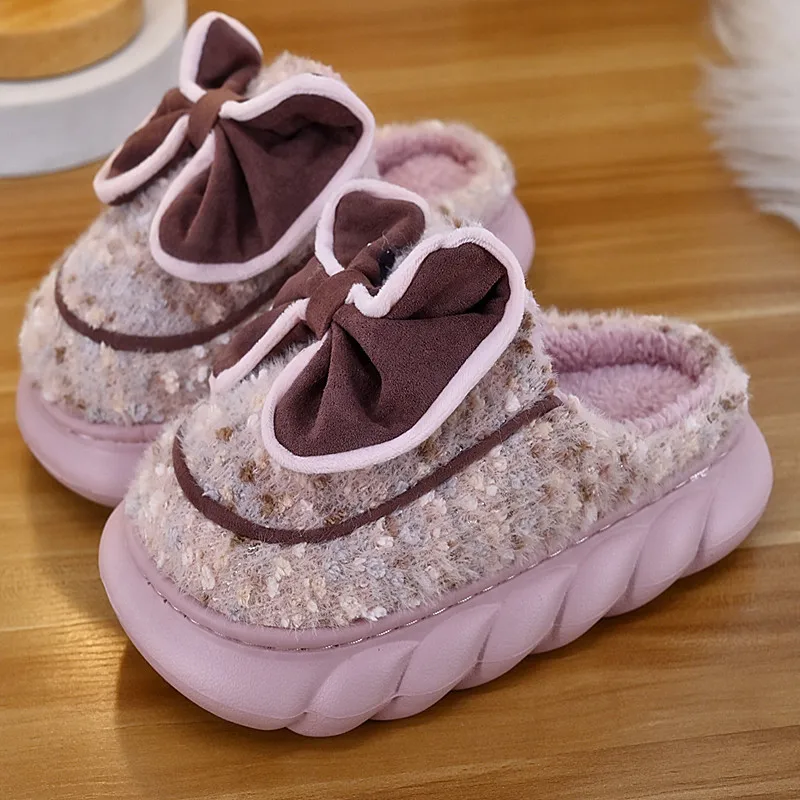 

2022 Pink Bowknot Slippers Fur Mules Shoes For Women Indoor Slides Fluff Slipper Female House Shoes Girls Home Fuzzy Flip Flop