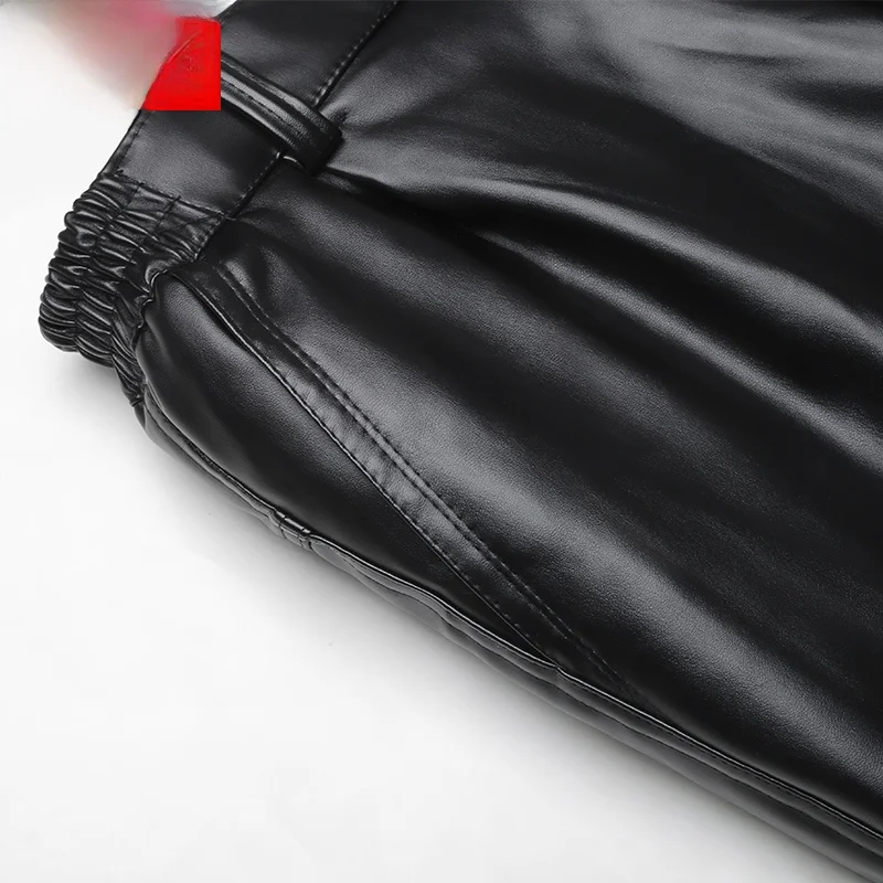 Nanjiren Кожаные брюки мужские на флисовой подкладке утолщенные зимние свободные